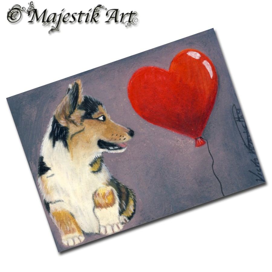 Archival ACEO Corgi Print 'Balloon heart' By V Kenworthy