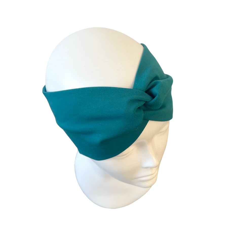 Teal Blue Soft Cotton Twist Headband Wide Stretchy Head Wrap for Women