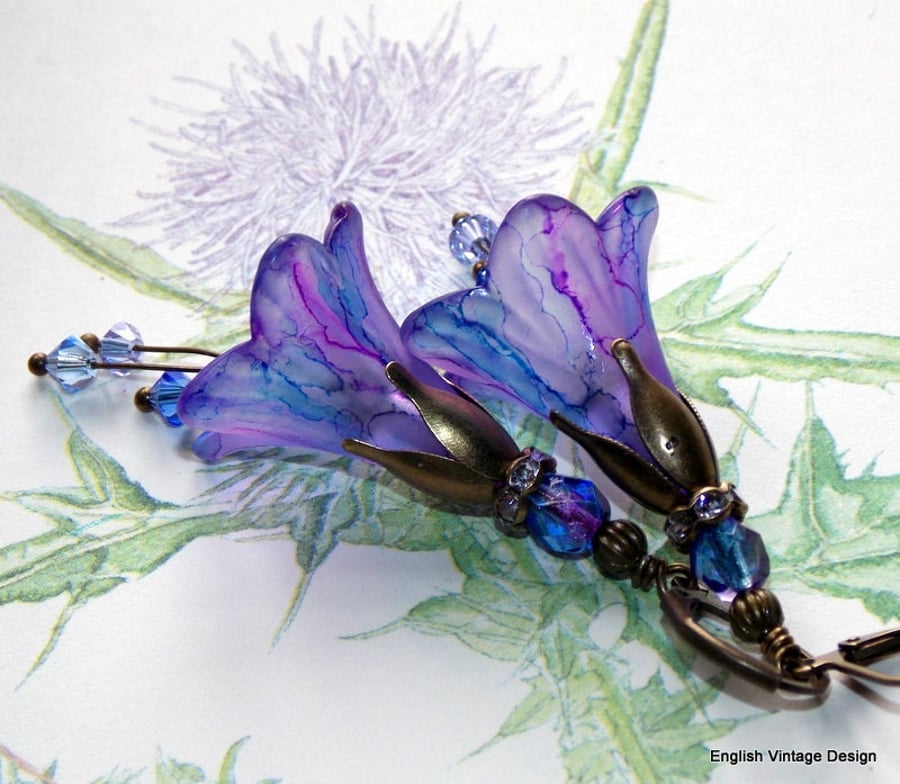 Purple and Blue "Thistle" Hand Painted Lucite Flower Earrings, Floral Vintage 