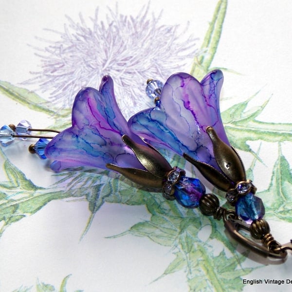 Purple and Blue "Thistle" Hand Painted Lucite Flower Earrings, Floral Vintage 