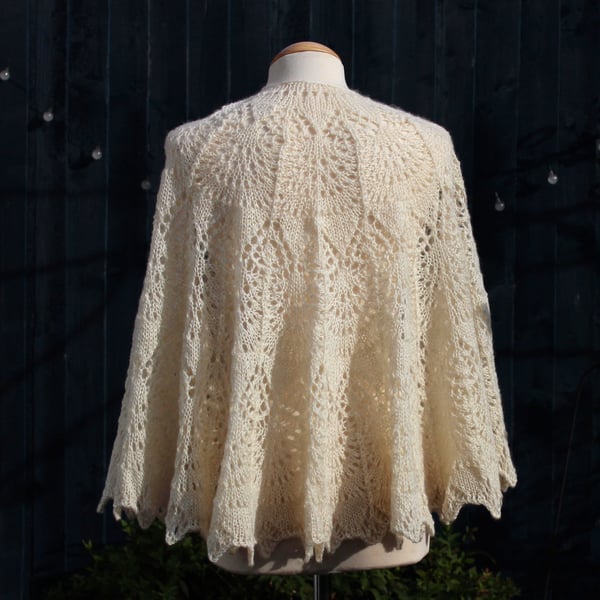 Natural undyed white pure Cotswold Lambs Wool knitted lace shawl - design S203