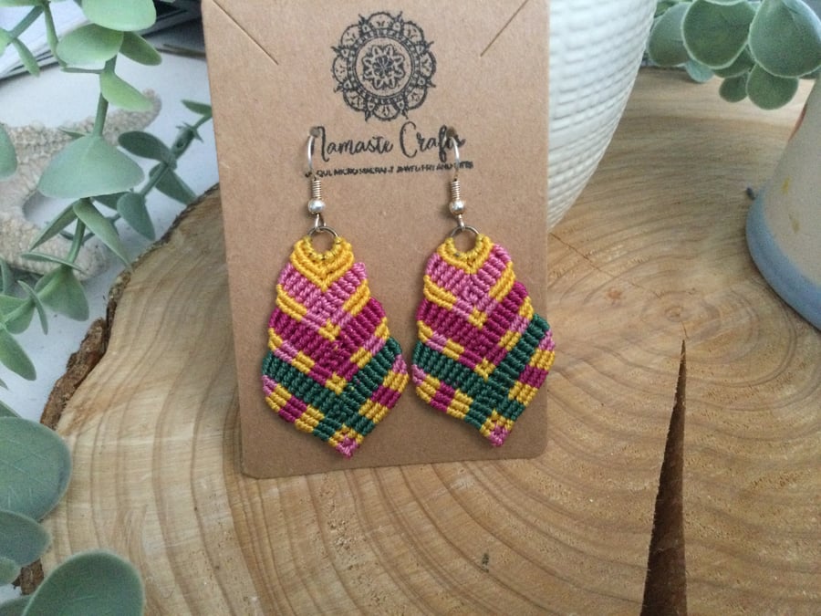 Bright and colourful macrame leaf design dangle boho earrings, gift for her 