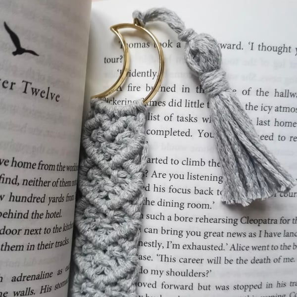 Handmade macrame gray natural bookmark, boho bookish gift FREE UK P&P