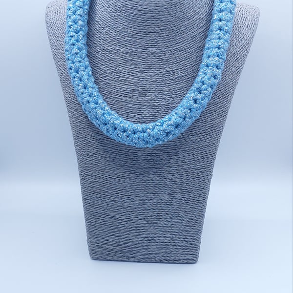 Crochet sparkly blue statement necklace 