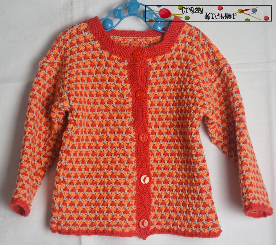 Hand Knitted Baby Cardigan Red Orange Beige Cotton Acrylic 24 months 22"