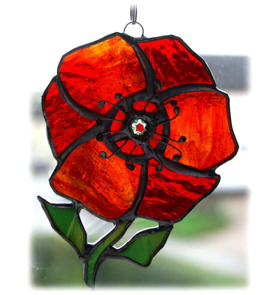 SOLD Poppy Suncatcher Stained Glass Handmade Red Flower