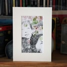 Small Art Gel Plate Print One of a kind Mounted