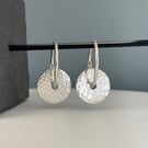 Sterling Silver Hammered Round Disc Bead Hoop Earrings 