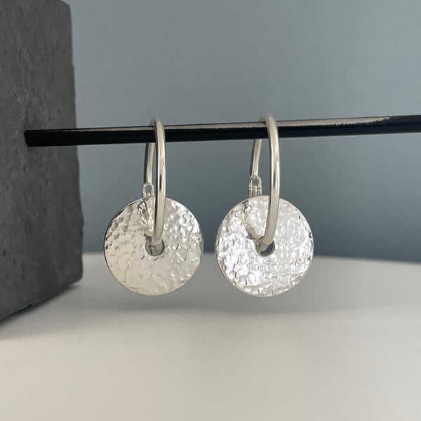 Sterling Silver Hammered Round Disc Bead Hoop Earrings 