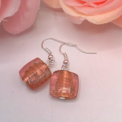 Earrings with a Raspberry Pink Square Bead, Gift for Her, Pink Square Earrings