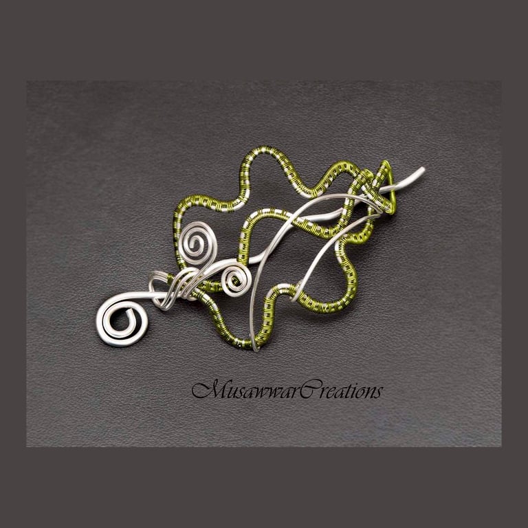 Leaf Shape Silver Hair Bun Holder – Silver and Moss Green Wire Woven Hair slide