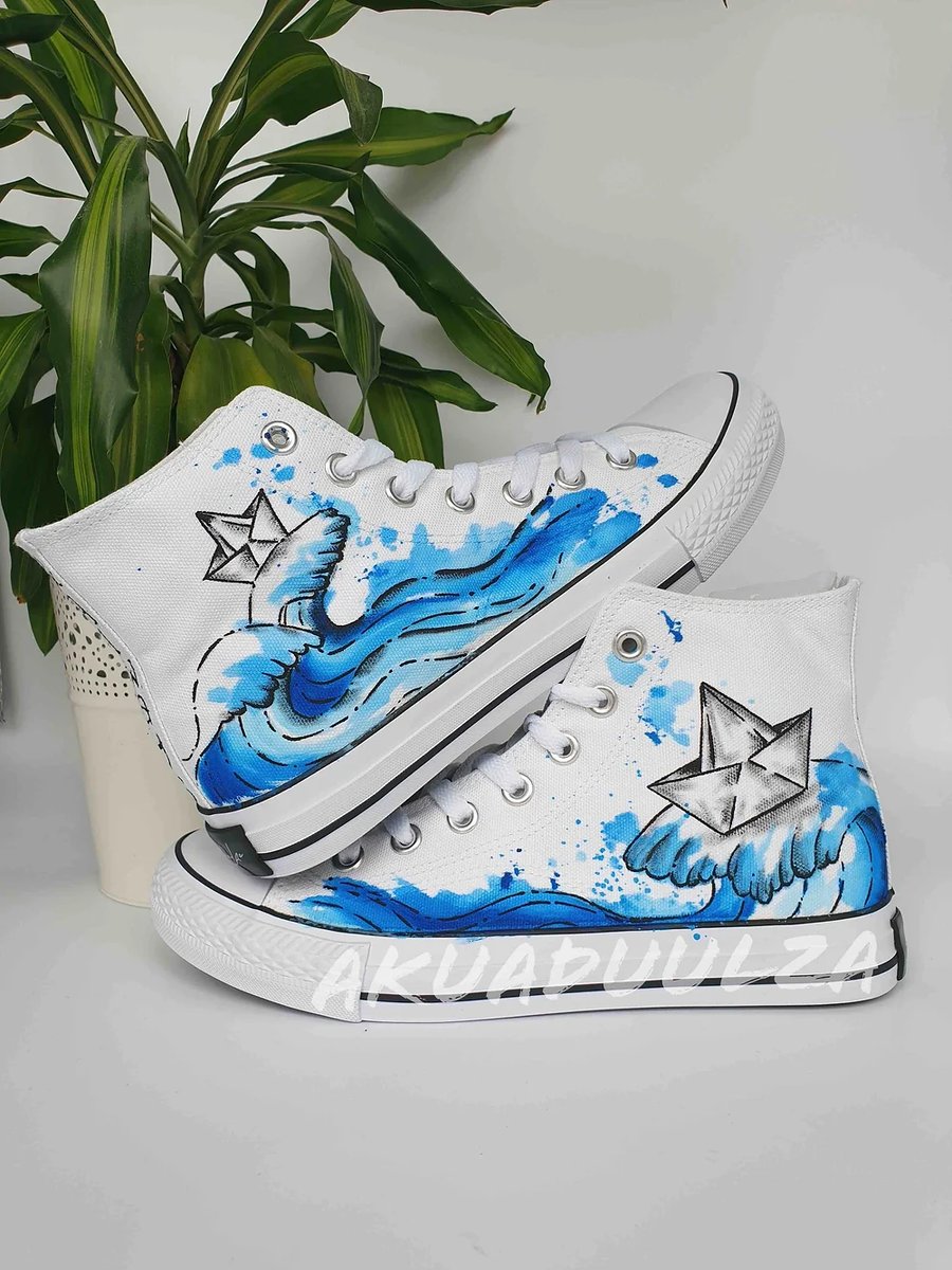 Paper boat hand painted shoes, Ocean wave custom painted shoes