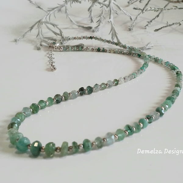 Natural Faceted Emerald Sterling Silver Necklace