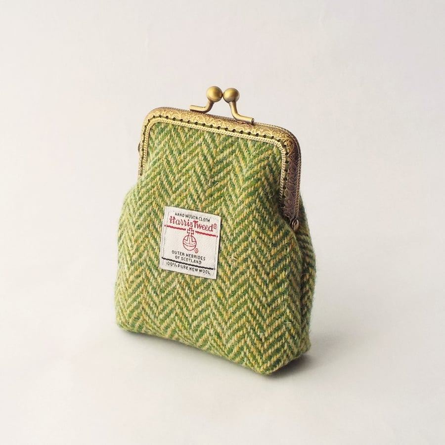 Harris tweed purse green herringbone square top kiss clasp coin purse