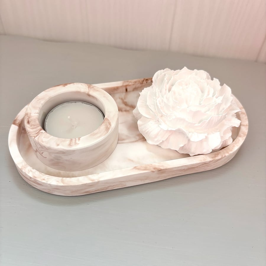 Blush Marbled Oval Tray Set with Flower Fragrance Stone and Tealight Holder