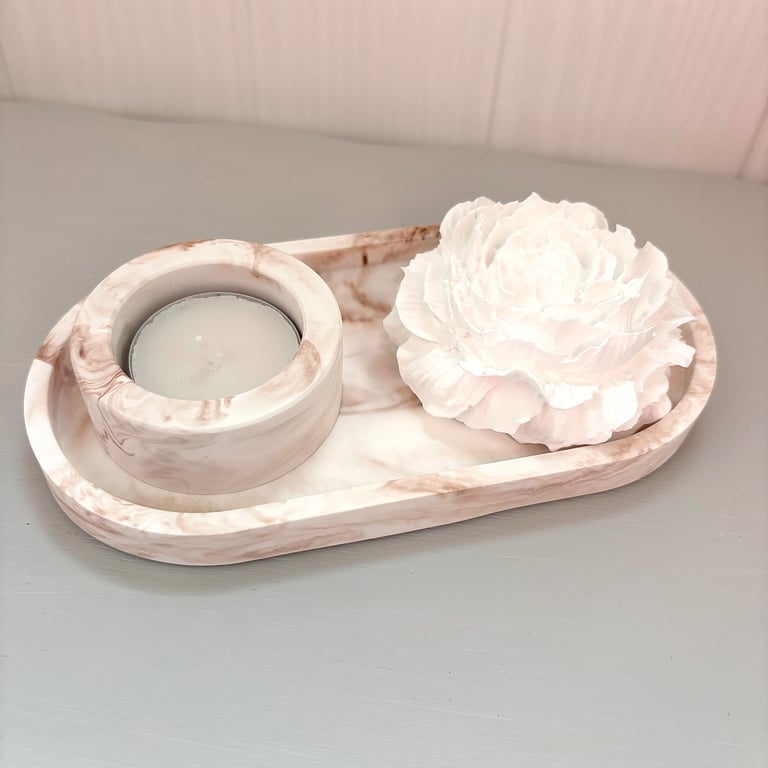 Blush Marbled Oval Tray Set with Flower Fragrance Stone and Tealight Holder