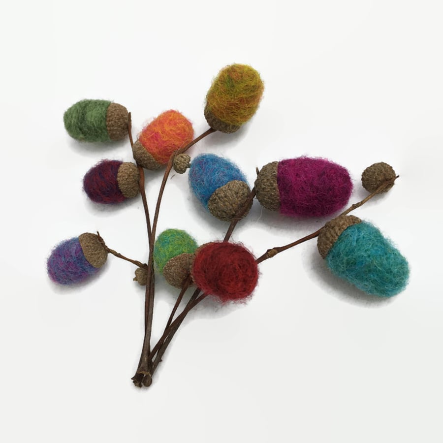 Brightly coloured needle felted acorns, home decoration,pack of 10 (with stalks)