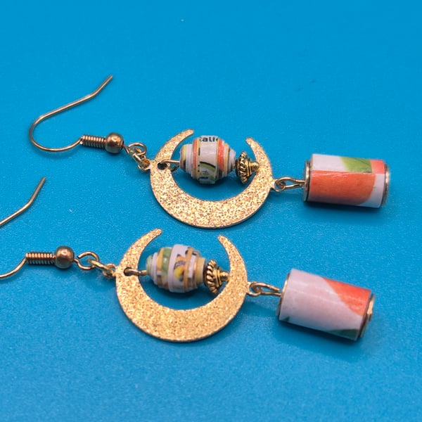 Green and orange Paper beaded earrings on a golden half moon finding