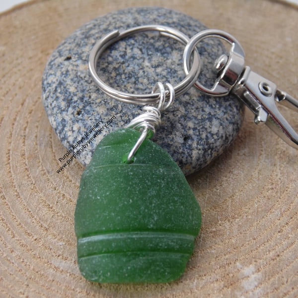 Bright Green Bottle Neck Sea Glass Bag Charm Keyring K359