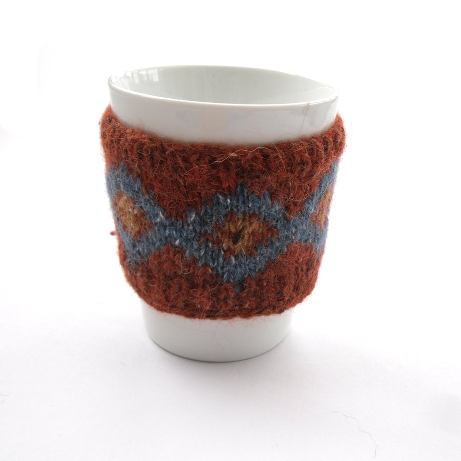 Orange Wool mug hug , hand knitted in fair isle