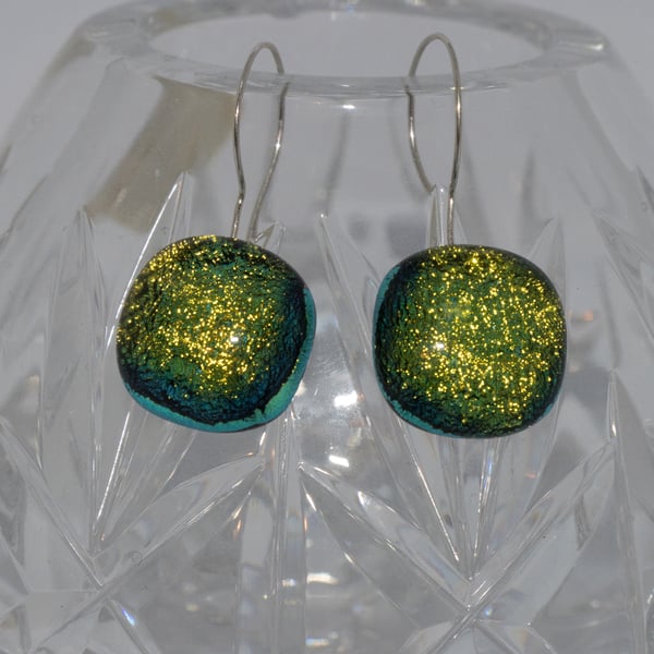Green Dichroic Glass Earrings on Sterling Silver Wires - 2073