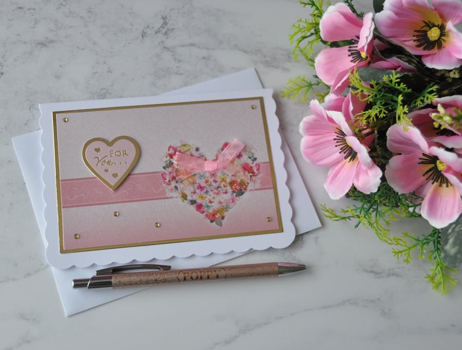 For You Card Love Heart Gems Pink Gold Flowers Luxury Handmade Card