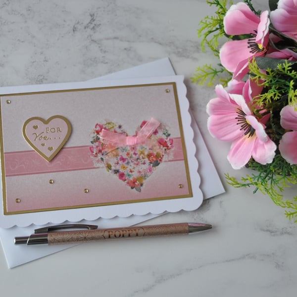For You Card Love Heart Gems Pink Gold Flowers Luxury Handmade Card