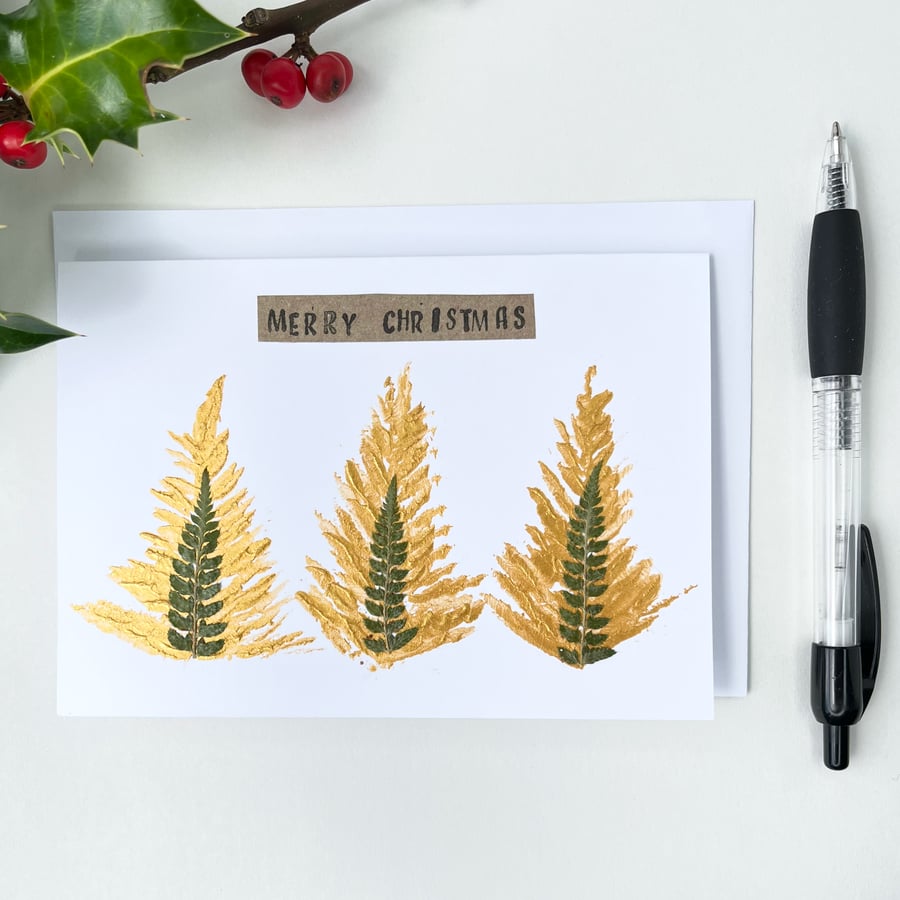 Handmade Real Pressed Ferns Trio of Christmas Tree Card