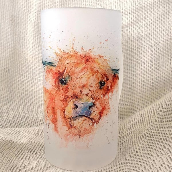 Highland Cow Frosted Glass Tankard, Beer Stein, 500ml Drinks Glass with Handle. 