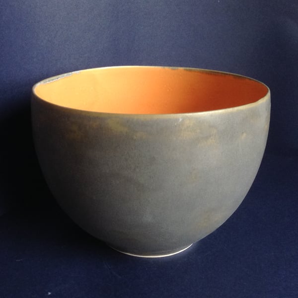 A HAND MADE CERAMIC LARGE SERVING BOWL- glazed in Burnt orange and Charcoal