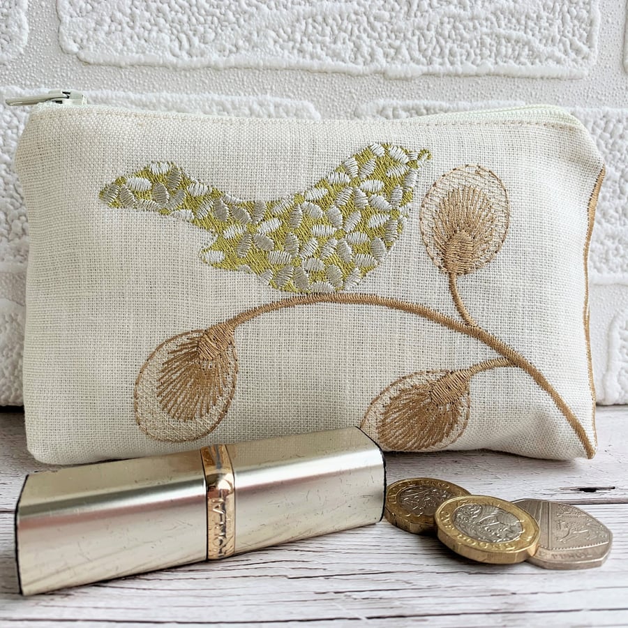 Large purse, coin purse in embroidered fabric showing a stylised bird
