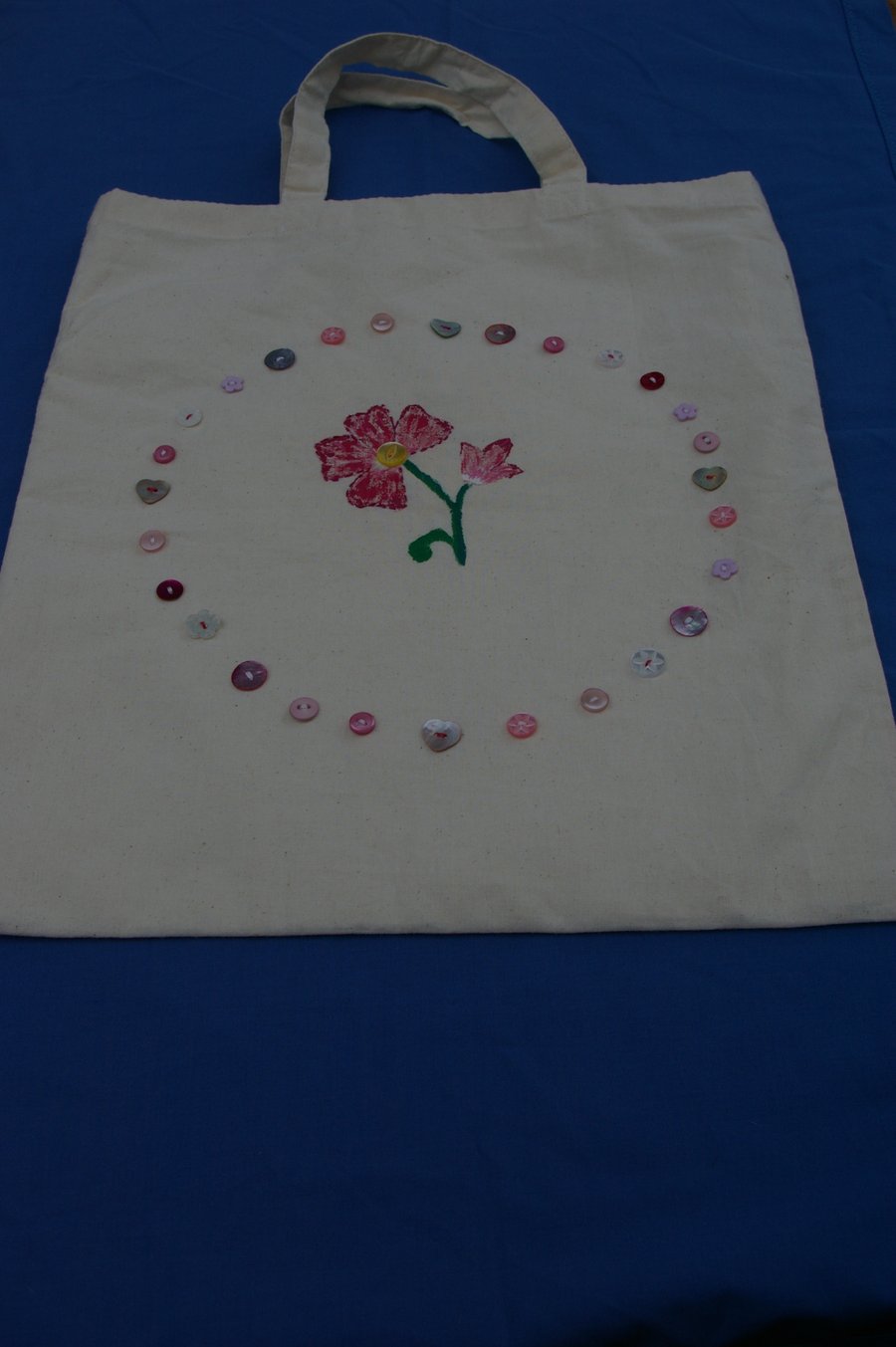 Tote Bag Pink Flower and Buttons