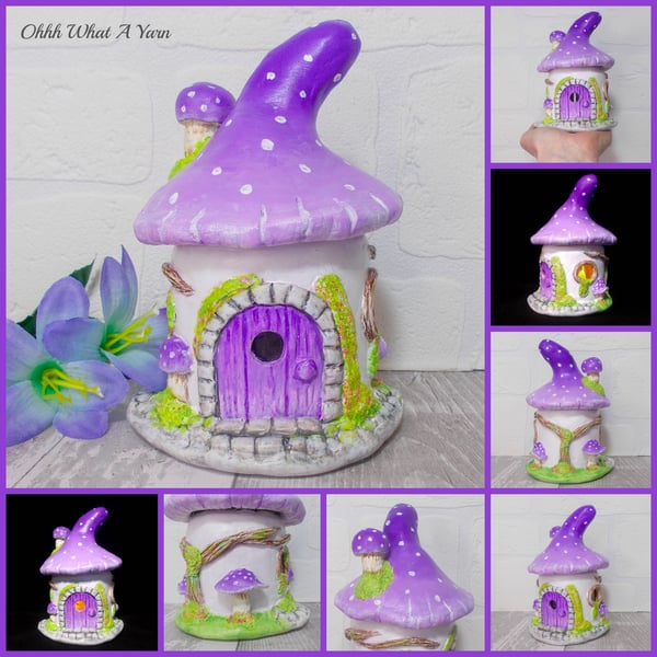 Clay toadstool fairy house battery tealight sculpture. Clay house. Fairy house. 