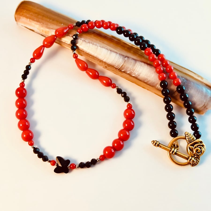 Red Bamboo Coral Necklace With Black Spinel, Onyx And Swarovski Butterfly