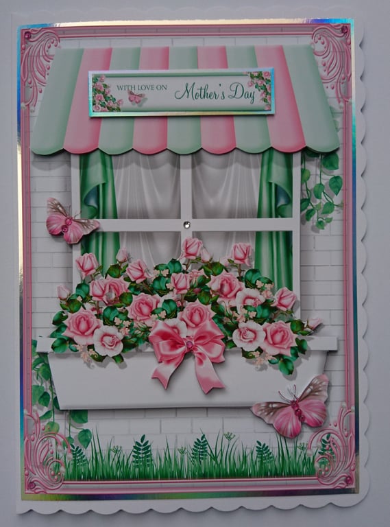 Mother's Day Card With Love On Mother's Day Window Box of Pink Roses