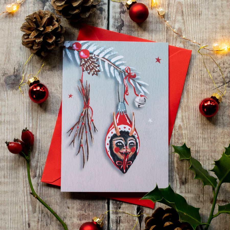 Krampus bauble Christmas card, A6, blank inside