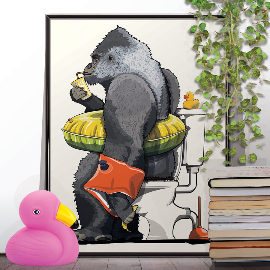 Gorilla  on the Toilet, Bathroom Bath & Toilet Restroom  Funny Toilet art