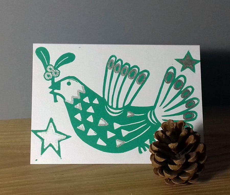 Mistletoe Dove  Christmas Linocut Card