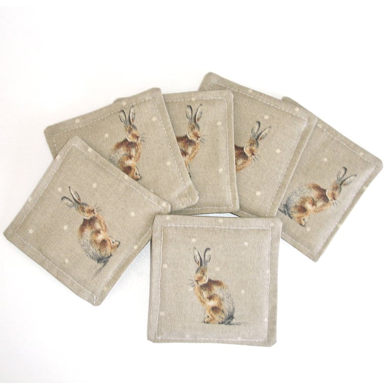 Coasters Hare 6 x Set of Hares Cotton Fabric Coaster Tableware