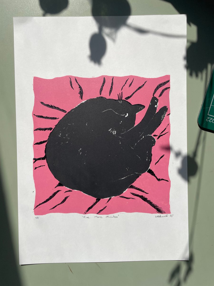 Five More Minutes - original Lino Print Pink