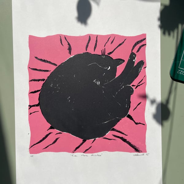 Five More Minutes - original Lino Print Pink