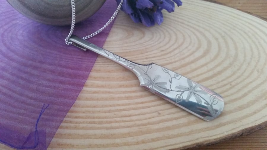 Upcycled Silver Plated Engraved Flower Spoon Handle Necklace
