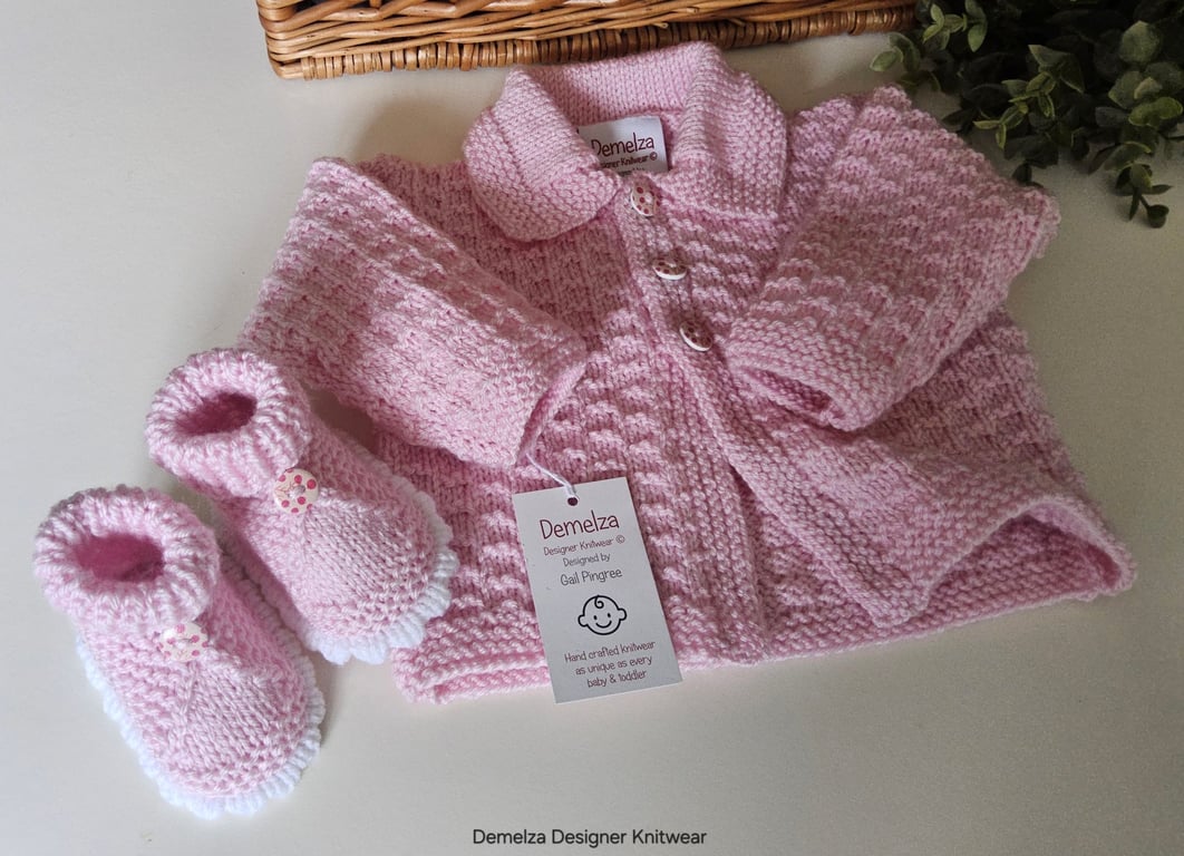 Baby Pink Hand Knitted Jacket & Booties Set 0-6 months size 