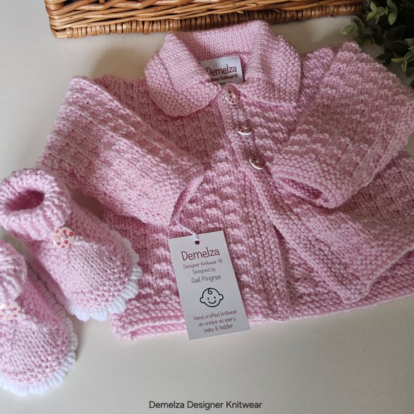 Baby Pink Hand Knitted Jacket & Booties Set 0-6 months size 