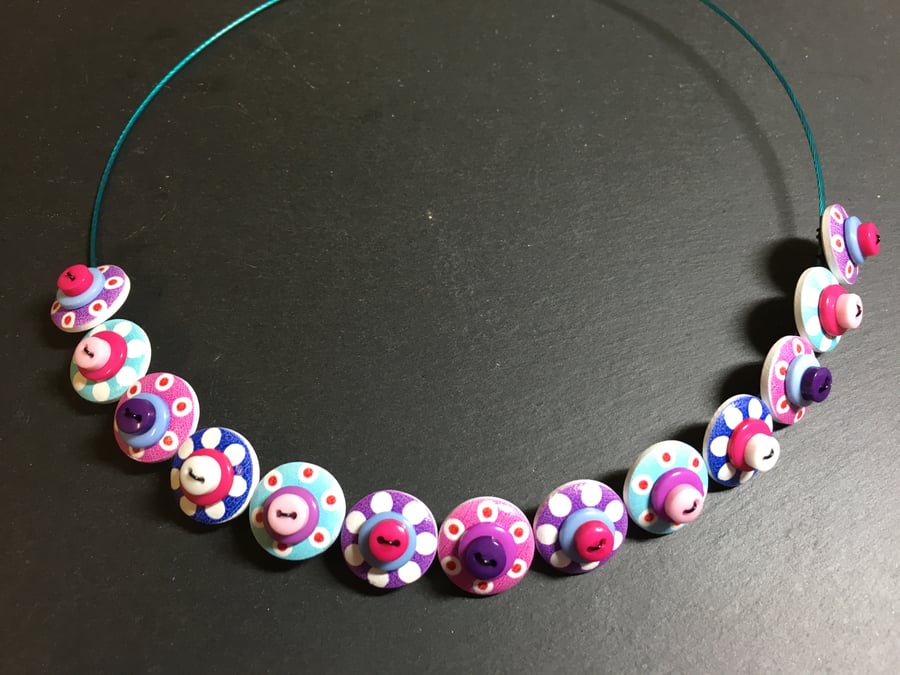 Button Necklace Spotted Wooden Choker  Pink Purple Aqua