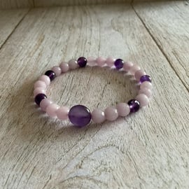 Purple Amethyst and Lavender Jade gemstone beaded slip on bracelet 