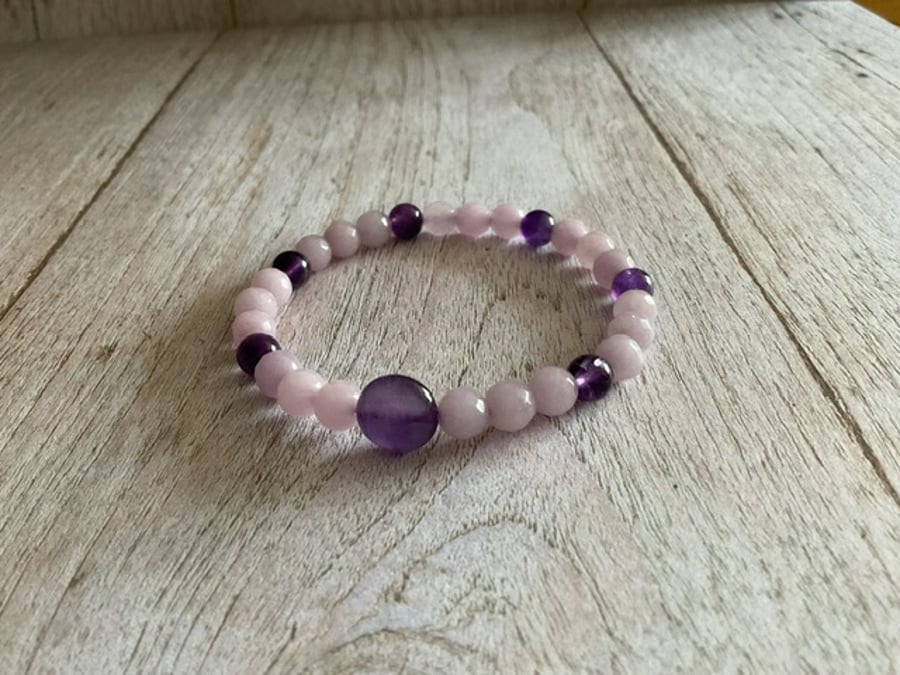 Purple Amethyst and Lavender Jade gemstone beaded slip on bracelet 