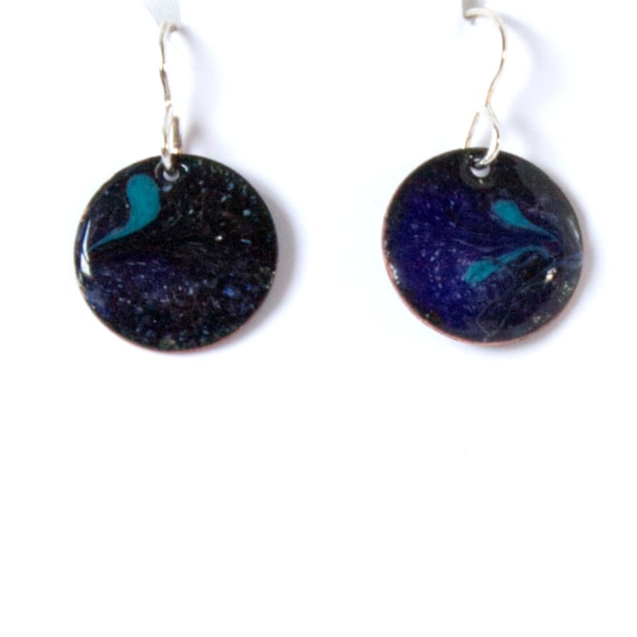 scrolled enamel earrings - round - bright blue on dark blue