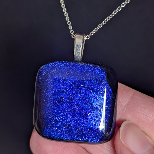Royal Blue Dichroic Fused Glass Pendant Necklace new and handmade in UK