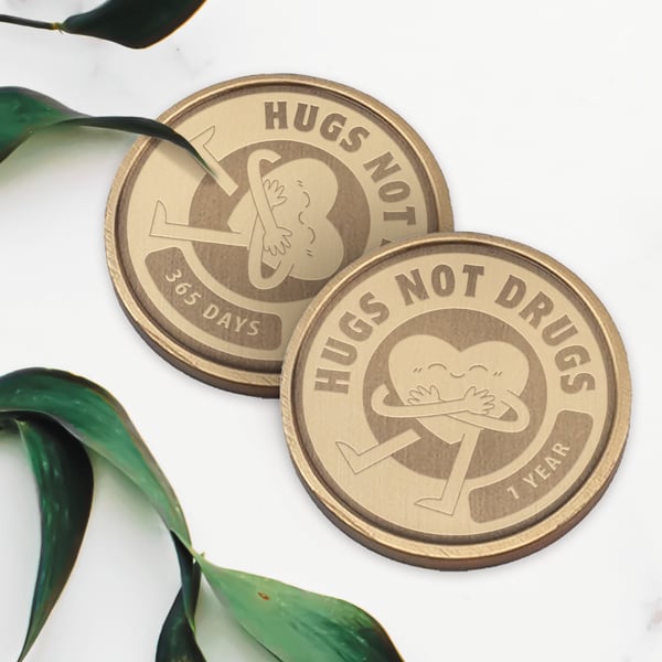 Hugs Not Drugs - Heart: Personalised Narcotics Anonymous Chip, Custom Milestone 